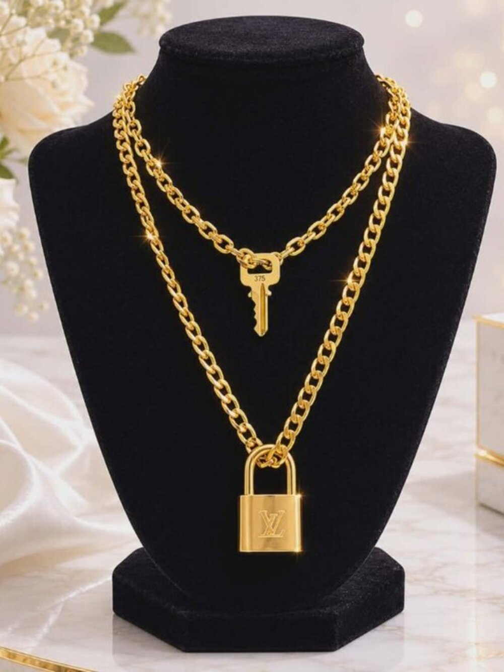 Authentic Louis Vuitton Lock & Key w/ 18k Gold Plated Chain Necklace